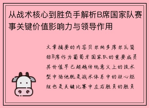 从战术核心到胜负手解析B席国家队赛事关键价值影响力与领导作用